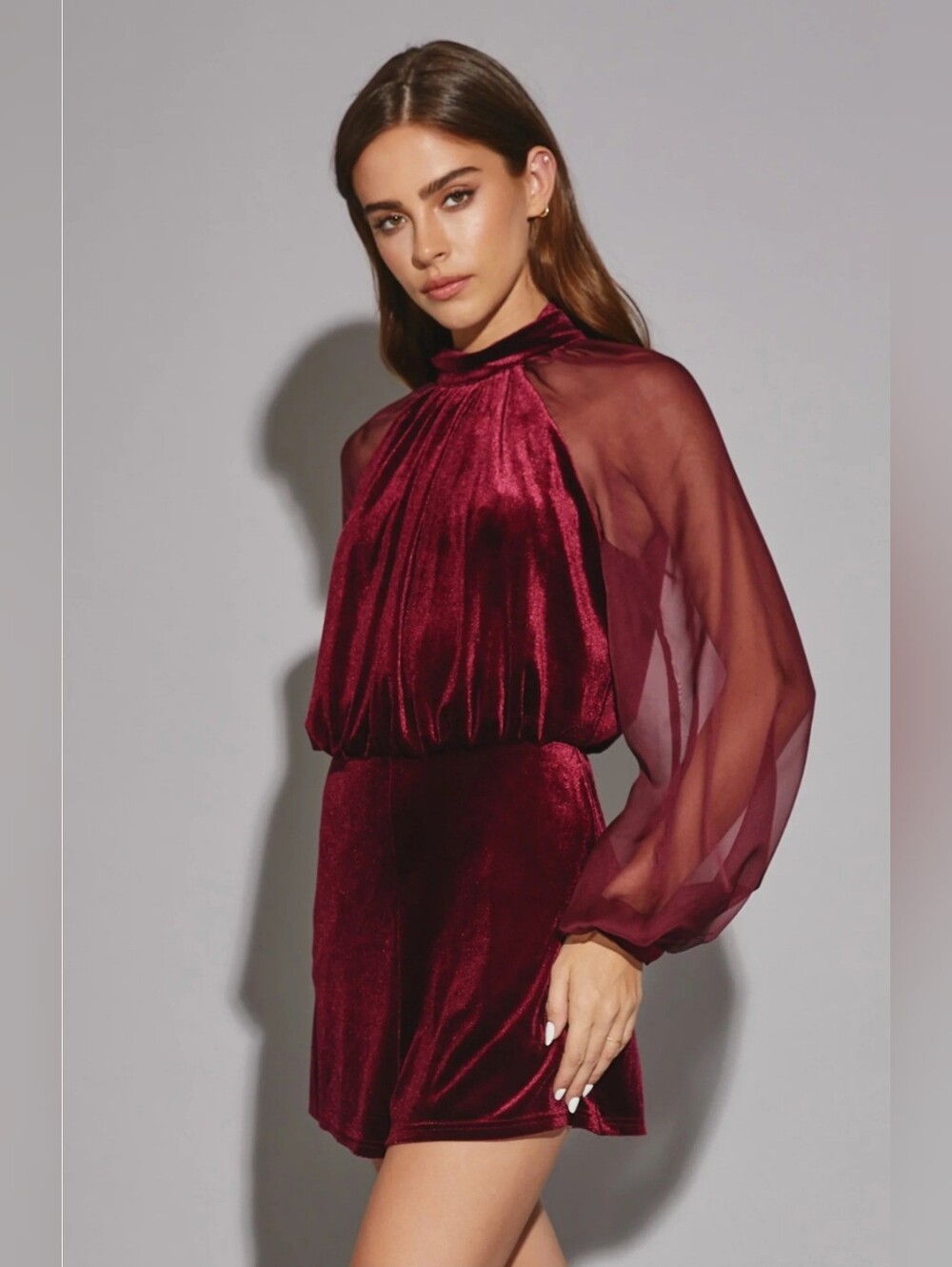 Red Velvet Romper Sheer Balloon Sleeves Mock Neck Whimsigoth Fairycore Holiday S